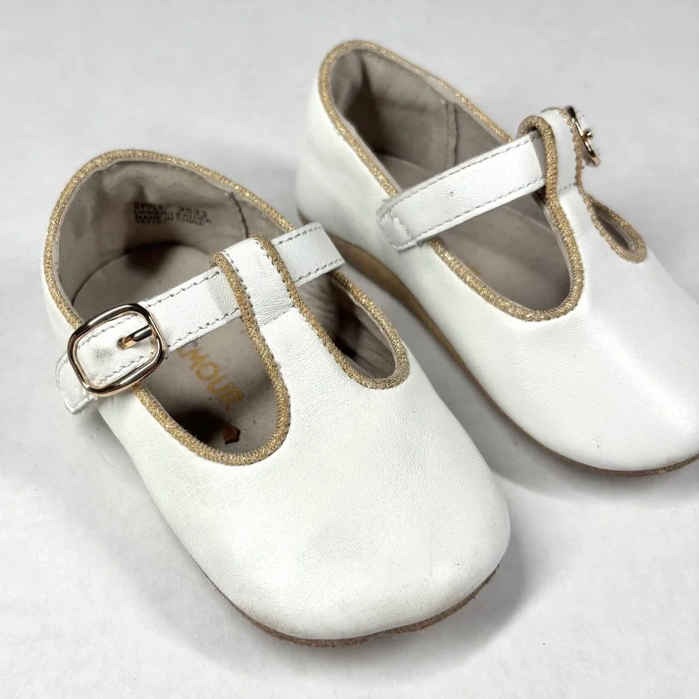 L'Amour White Leather T-Strap Toddler 4 Shoes Gold Glitter Trim 3533 GUC